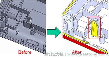 既然知道可能的問題出在電路板變形量過大，于是在電路板上黏貼應(yīng)力計(jì)(Stress Gauge)然后先量測未改善前的應(yīng)力數(shù)據(jù)。改善方法是在BGA的附近新增機(jī)溝肋柱(rib)來頂住電路板以降低電路板在落下時(shí)的變形量。