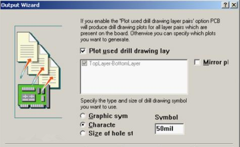 選中“Plot used drill drawing layer”，并將孔圖改為“Cheracte”標(biāo)示
